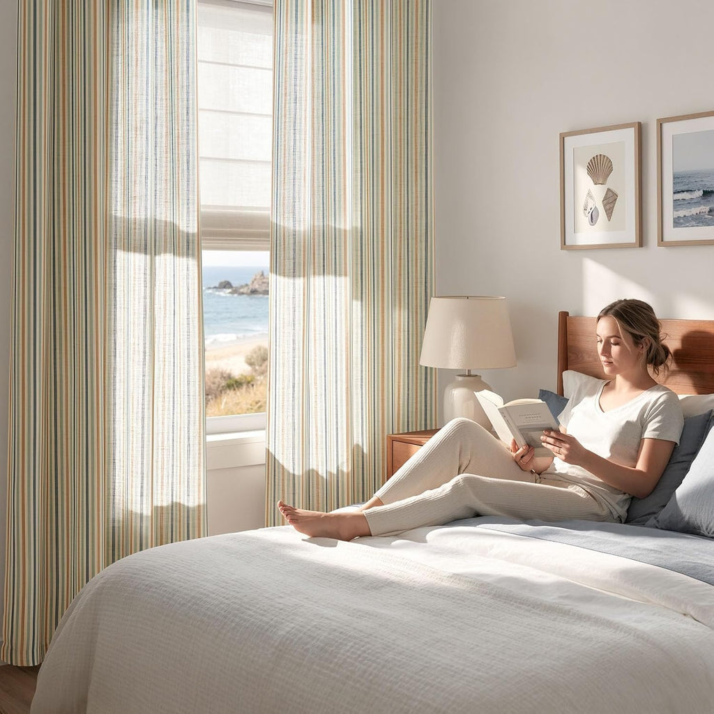 Linen Curtains 84" Ocean Stripe Pattern on Linen Grommet 2 Panels