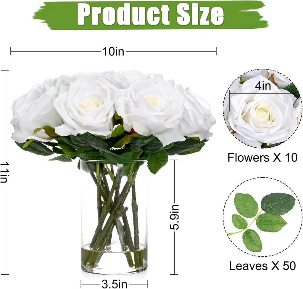 Luxury PU Fake Flowers in Vase with Faux Water, White Real Touch Roses Artificial Flowers with Glass Vase Home Dining