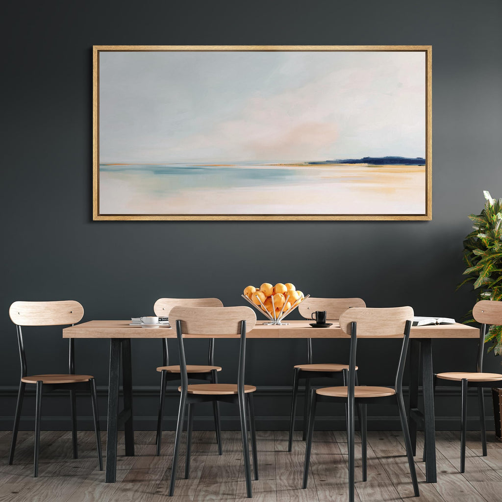 Extra Large Framed Canvas Print Wall Art Soft Pastel Beach Landscape Minimalist Teal and Blush Seascape Illustrations