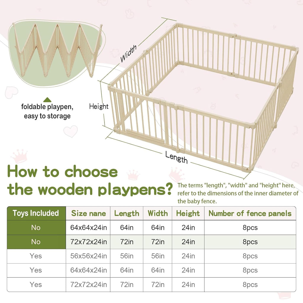 64x64in Foldable Wooden Baby Playpen with Gate, Child Safety Lock, CPC Certified Indoor Play Yard with Suction Cups