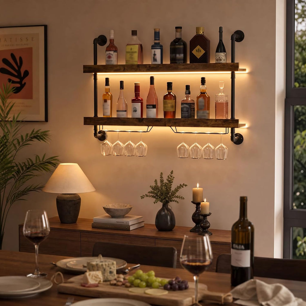 2-Tier Wall Mounted Wine Rack with LED Lights,47.2" W | Bar Shelves Wall Mounted,Hanging Liquor & Wine Glass Rack