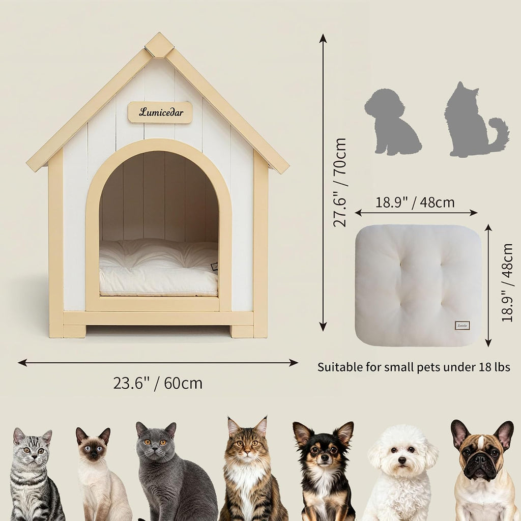 Natural Solid Wood Pet House, Outdoor Indoor for Small Dog & Cat