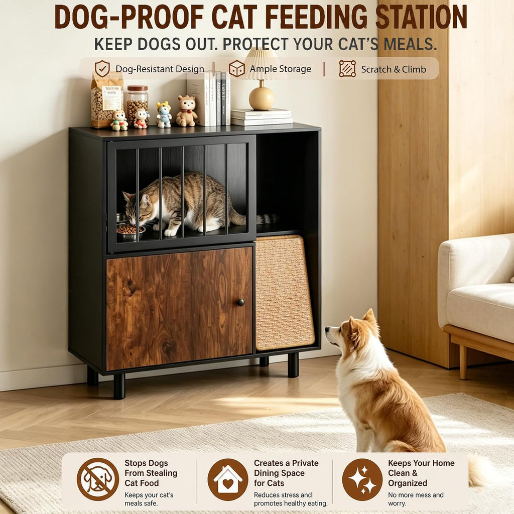 Dog Proof Cat Feeding Station with Storage Cabinet, 2 Raised Stainless Steel Bowls, Elevated Cat Feeding Station