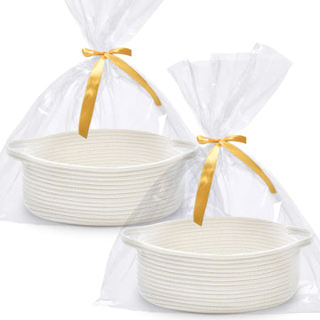 2 Pack White Woven Basket, Gift Empty Basket with Bags and Ribbons