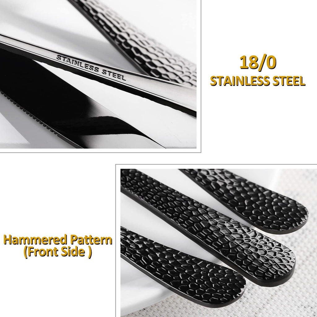 40 Piece Forged Black Flatware Set for 8 Stainless Steel Heavy Hammered Silverware Fine Dining Utensils Tableware
