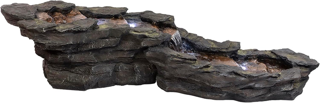 76"L Outdoor Tiered Rocky River Stream Water Fountain - Color-Changing LED Lights Décor - Brown Finish