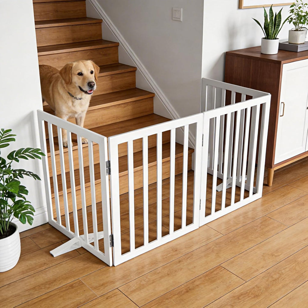 Freestanding Indoor Dog Gate Foldable Wood White Puppy Gate for Doorways Pet Gate for Stairs Extra Wide Pet Fence 24"