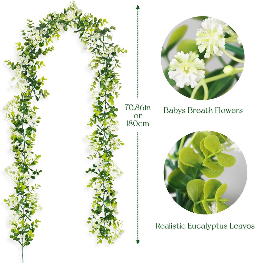 6FT Eucalyptus Garland with Flowers, 2 Pack Artificial Greenery Garland Hanging Summer Eucalyptus Garland Suitable - Set of 2