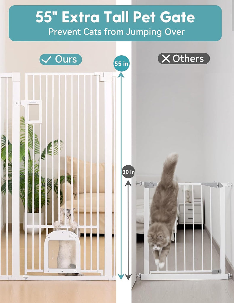 55" Extra Tall Pet Gate with Cat Door, 29"-43" Dog Gate Indoor