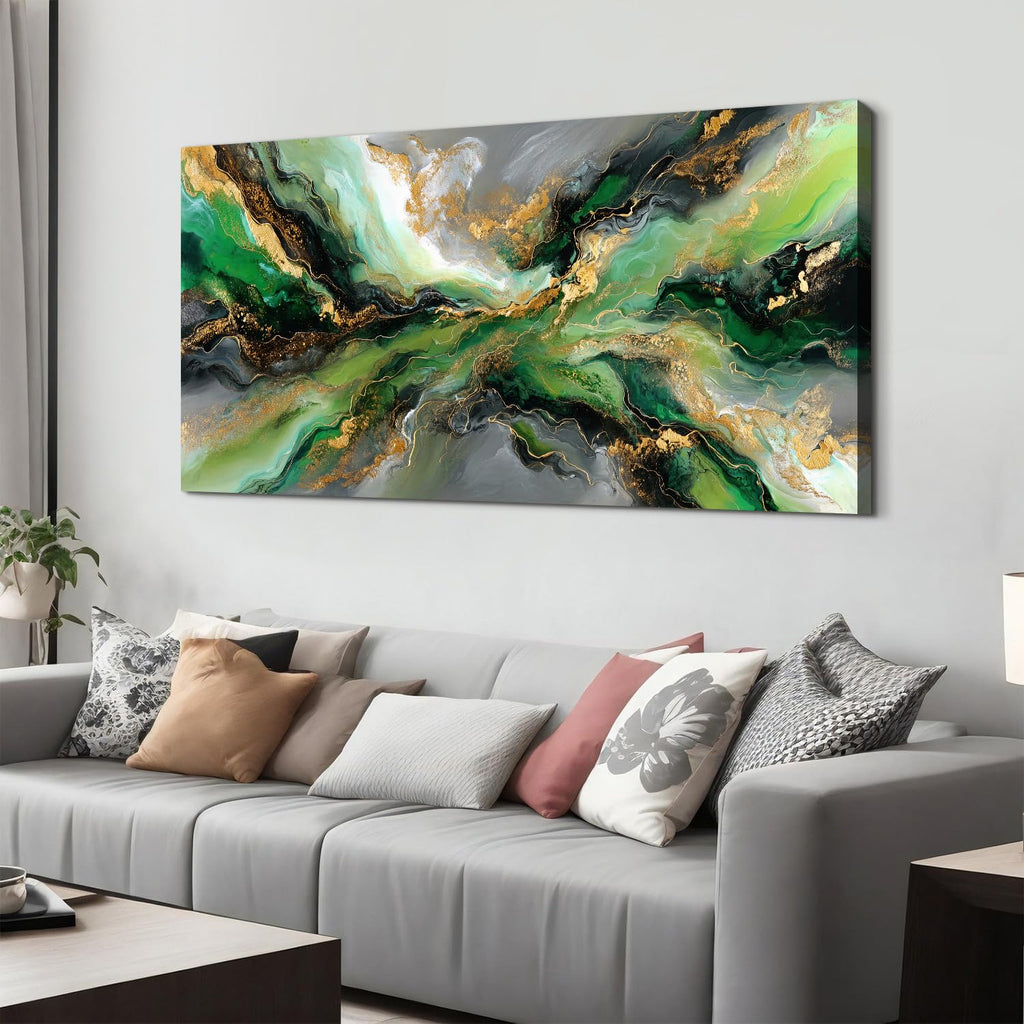 Emerald Green Abstract Wall Art Green and Gold Wall Decor Marble Canvas Picture Above Couch Artwork Decorations