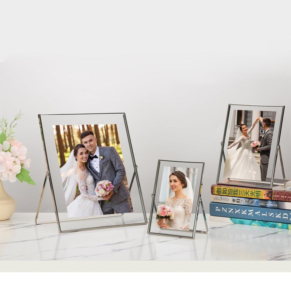Silver 4x 6'' Double Hinged Floating Frame, For Photo Sizes (2x3'' 3.5x 5'' up to 4x6'' ), Beautiful Metal Lace Edge