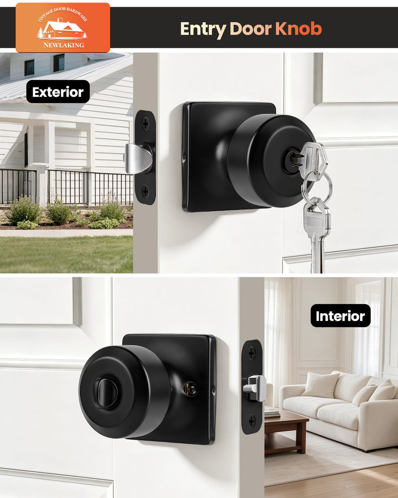 Keyed Alike Black Entry Door Knobs, DoorKnobs with Lock and Key, 1 Pack