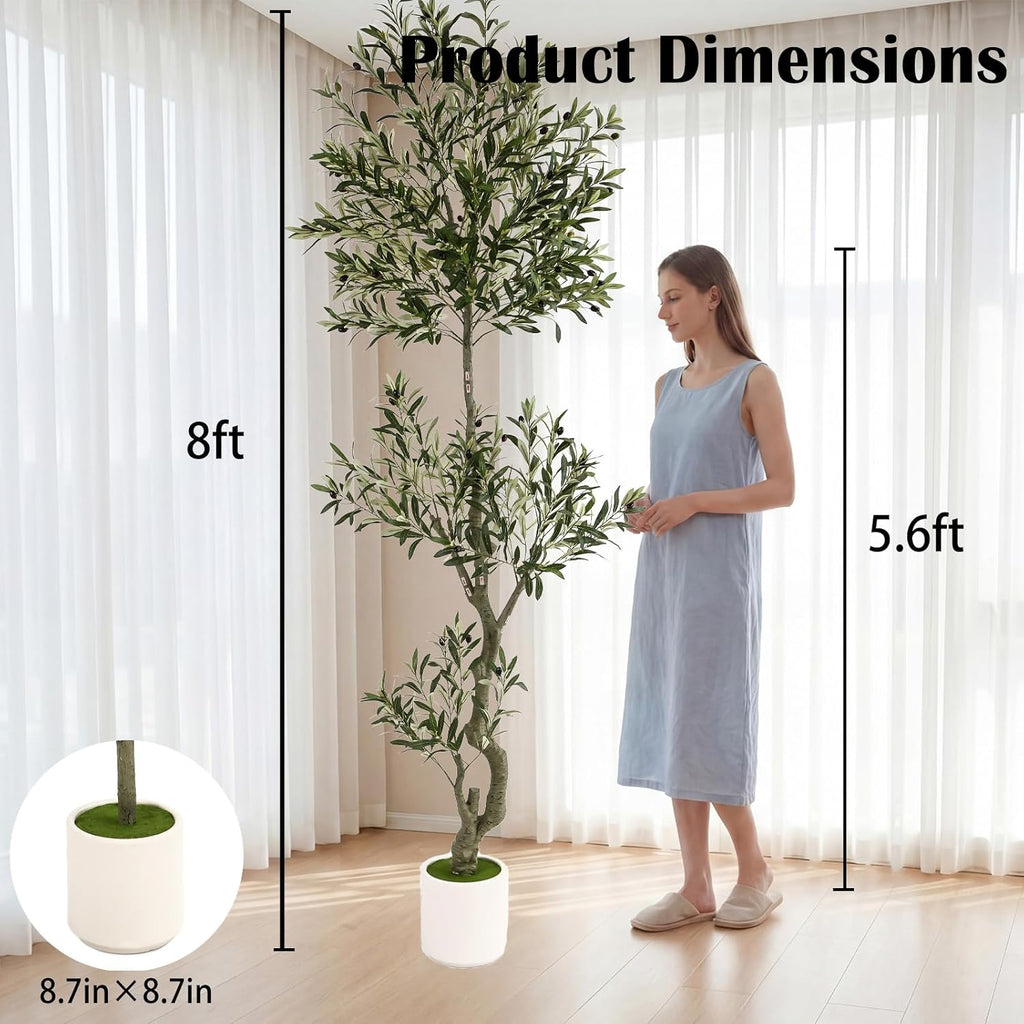 8ft Spherical Fake Olive Tree Artificial Indoor,Faux Olive Tree with Pot,Large Olive Branches and Lifelike Fruits