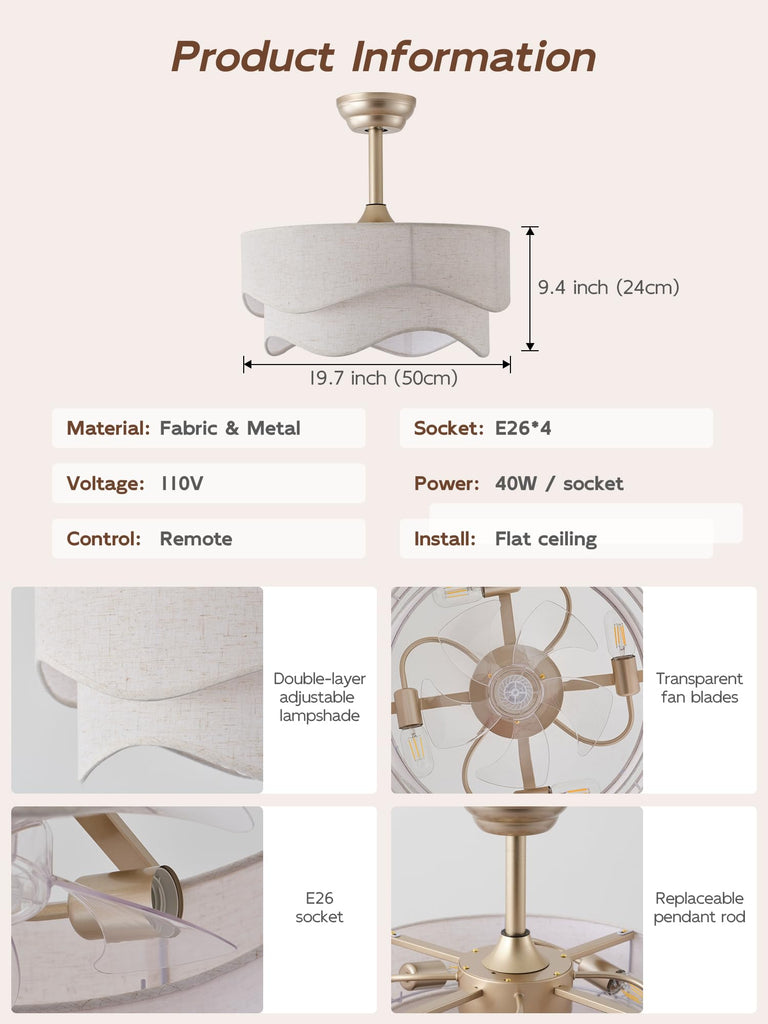 20" Boho Fandelier Ceiling Fans with Lights, Gold Caged Ceiling Fan with Light, Fabric Bladeless Fan with Remote