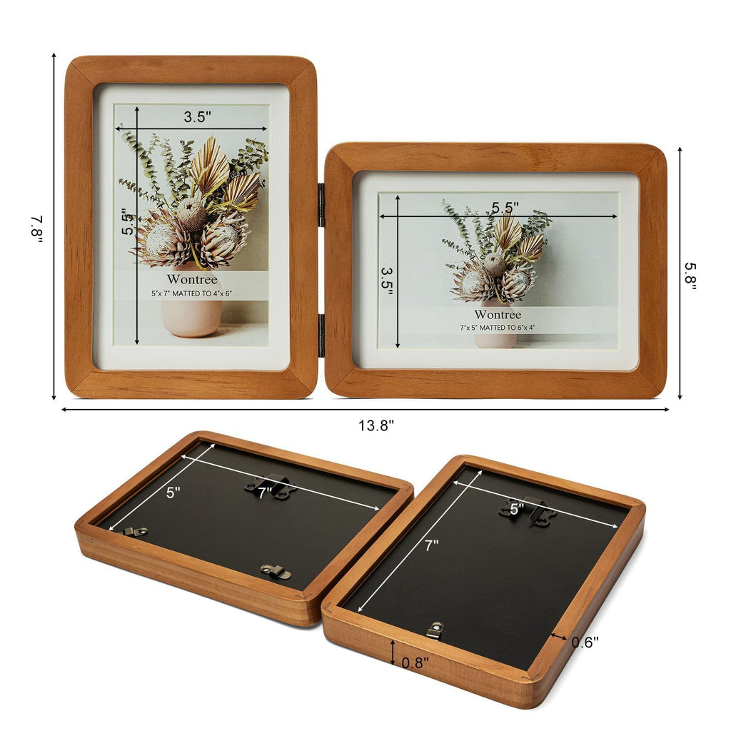 5x7 Double Vertical Horizontal Hinged Foldable Combo Rounded Corner Picture Frame, Walnut-Colored Pine Wood with Real
