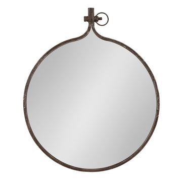 Yitro Round Industrial Rustic Metal Framed Wall Mirror, 23.5x28.5, Rustic Metal, Chic Industrial Accent Mirror