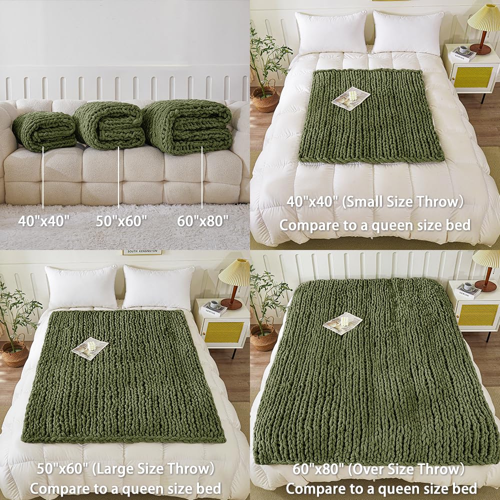 Chunky Knit Blanket Throw for Couch Bed 51"×63" Olive Green