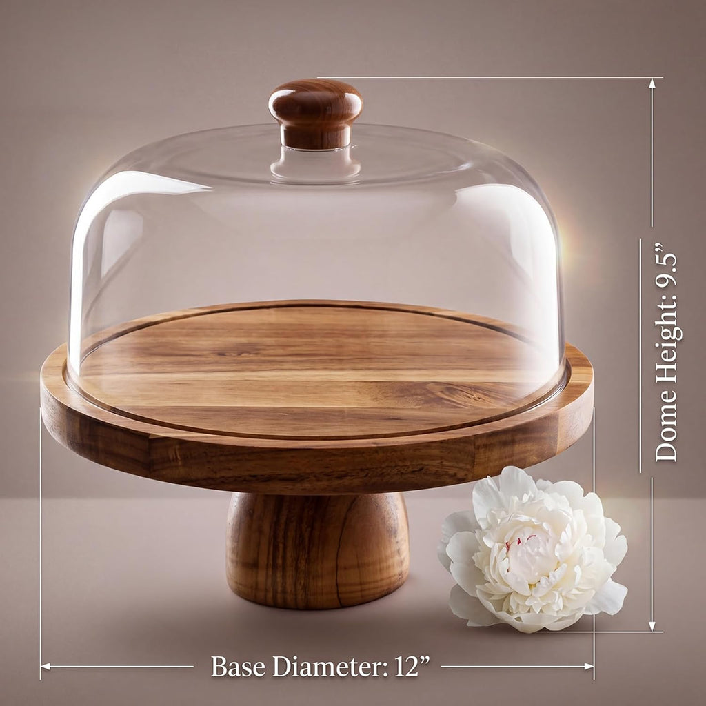 Acacia Wood Cake Stand with Lid, 12in Shockproof Acrylic Dome Display Stand