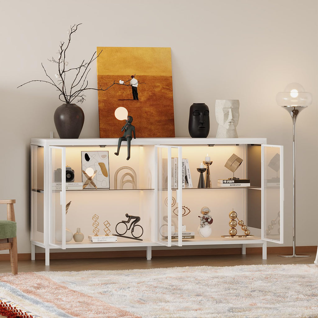 Glass Buffet Cabinet with Metal Frame & 3-Color Light, 55" W White
