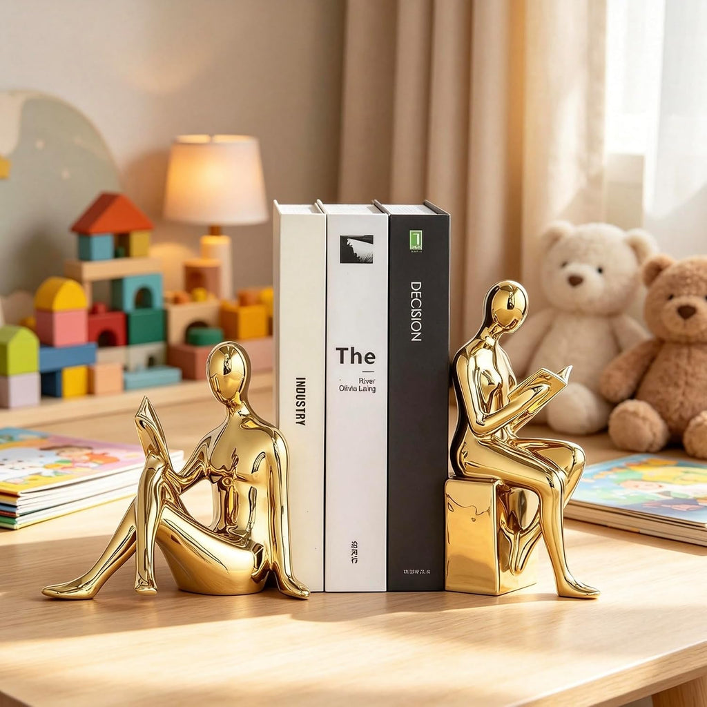 Home Decorative Reading Book Statue Bookends Elegant Ceramic Bookshelf Room Office Desk Decor,Paper Weights, Book