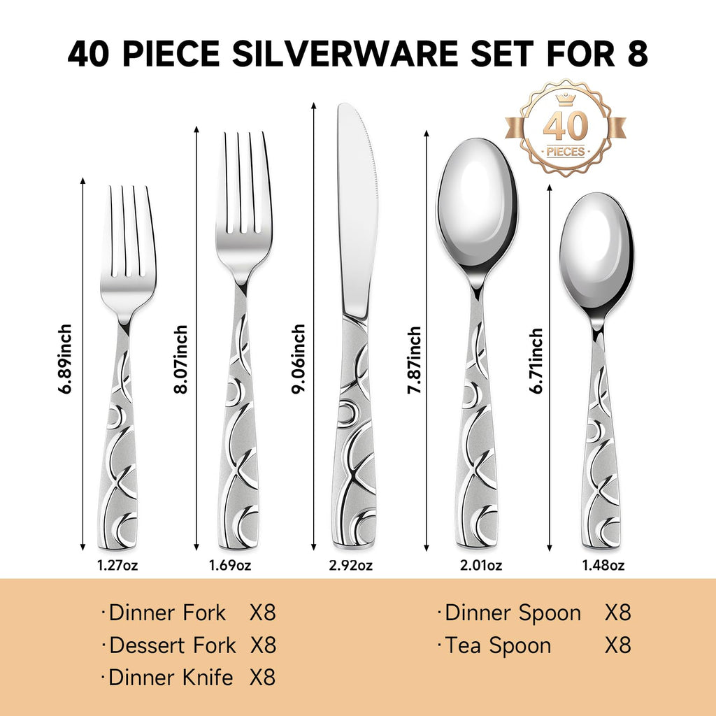40 Piece Silverware Set for 8, Stainless Steel Flatware Cutlery Set