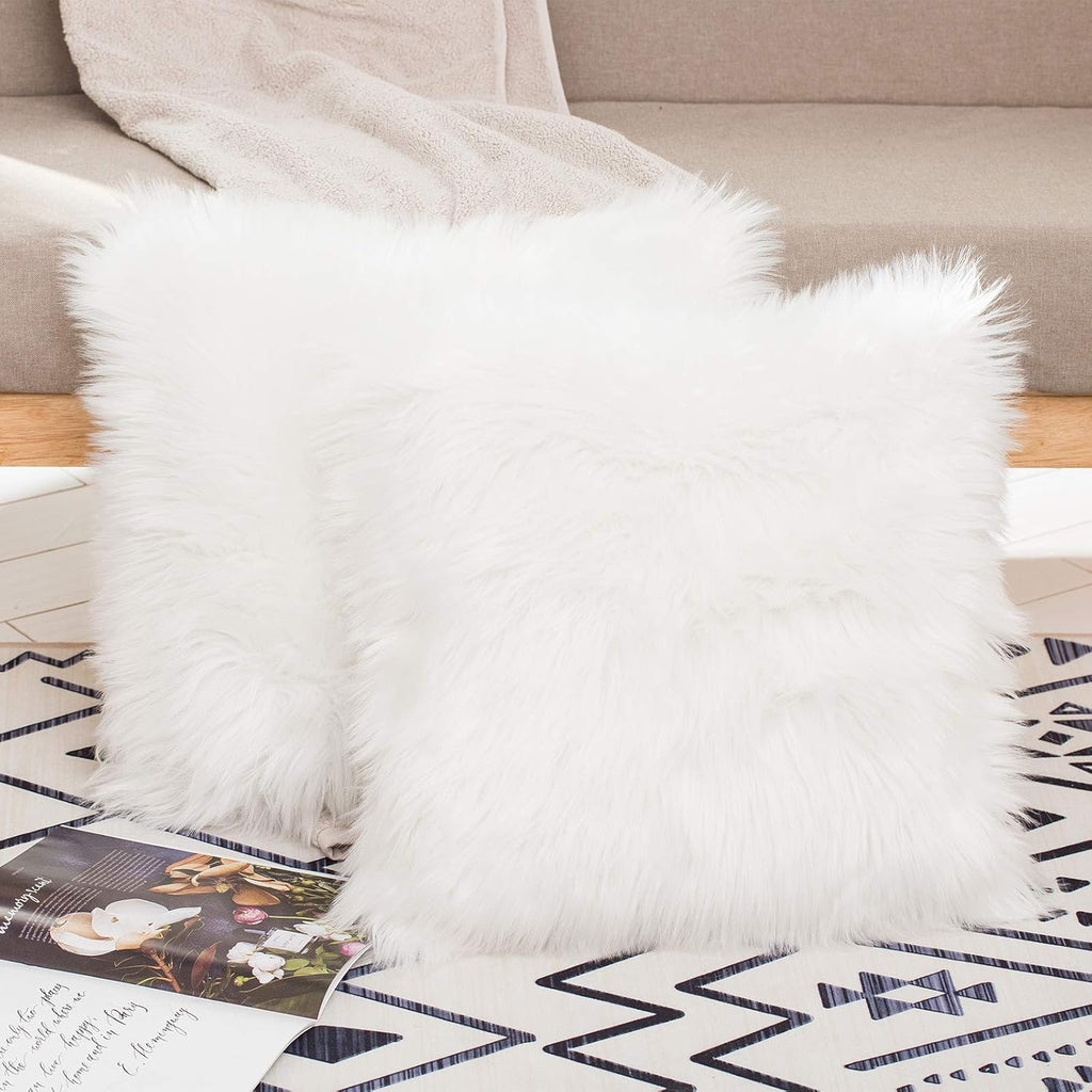 Set of 2 Decorative Faux Fur Throw Pillow Covers, White Fluffy Soft Fuzzy Square Cushion Cover Pillow Case, Chair