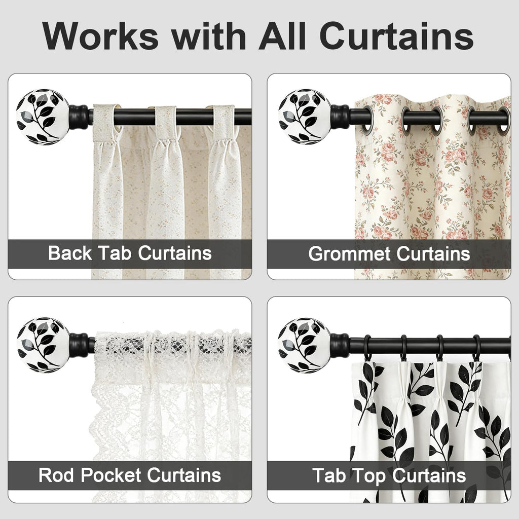 Ceramic Black Curtain Rods for Windows 16 to 144 Inches Adjustable Length Extendable Heavy Duty 1" Diameter iron