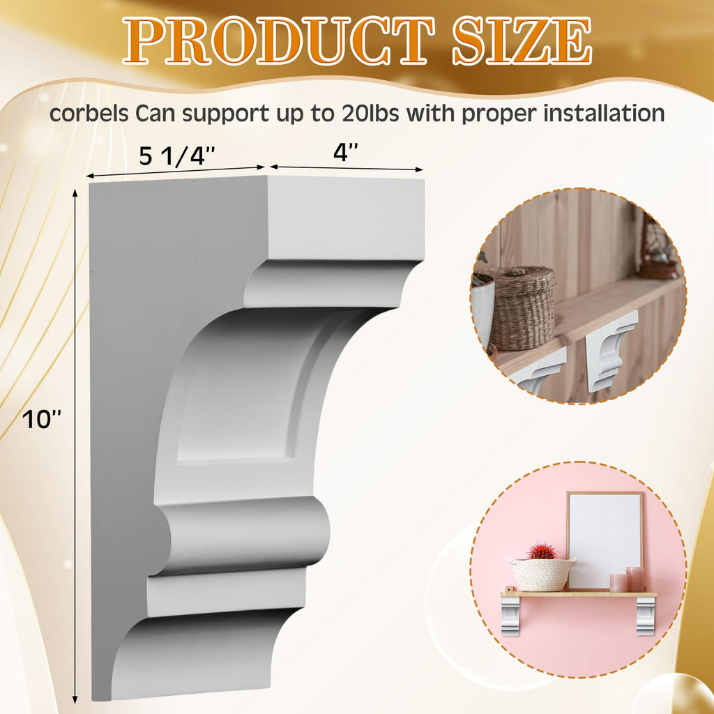 4 Pack Decorative Corbels 4" W x 5 1/4" Inch D x 10" H White Hdpe Corbels for Fireplace Mantel, Kitchen Island &