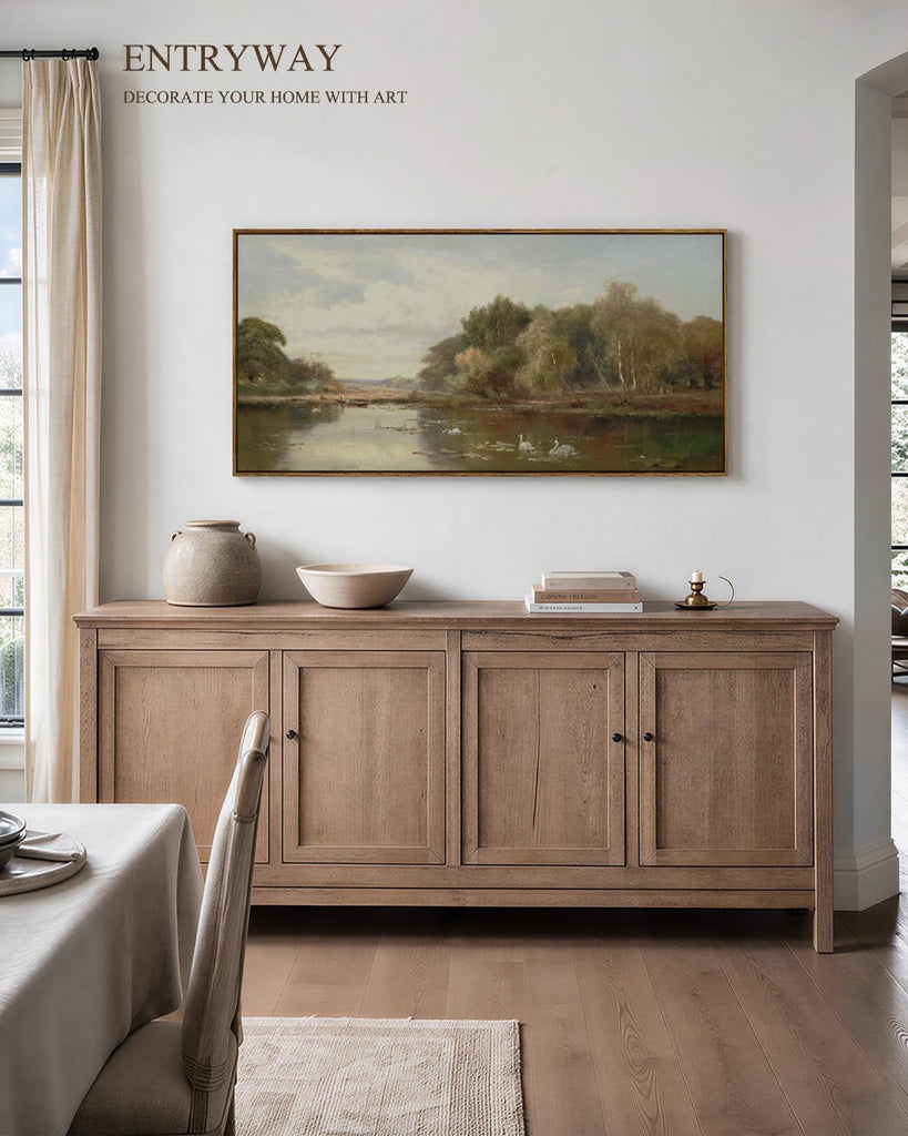 Extra Large Framed Vintage Wall Art, River Swans Prints, 24x48inch