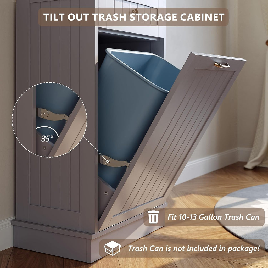 Tilt Out Trash Can Cabinet, Garbage Can Cabinet, Dog Proof Pull Out Trash Can Wood, Gray