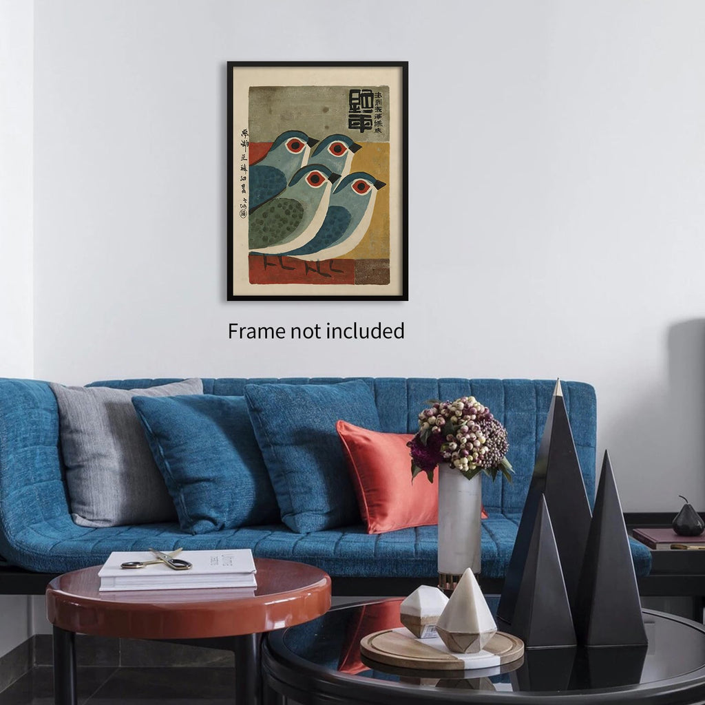 Mid Century Japanese Bird Wall Art Retro Blue Bird Canvas Poster Modern Minimalist Abstract Animal Prints Bedroom