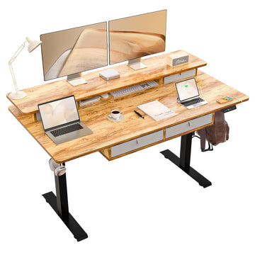 63 x 30 Inch Electric Standing Desk with 4 Drawers, Light Rustic