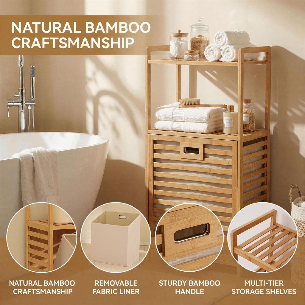 Tilt Out Laundry Hamper with Shelf - Bamboo Laundry Basket, Brown