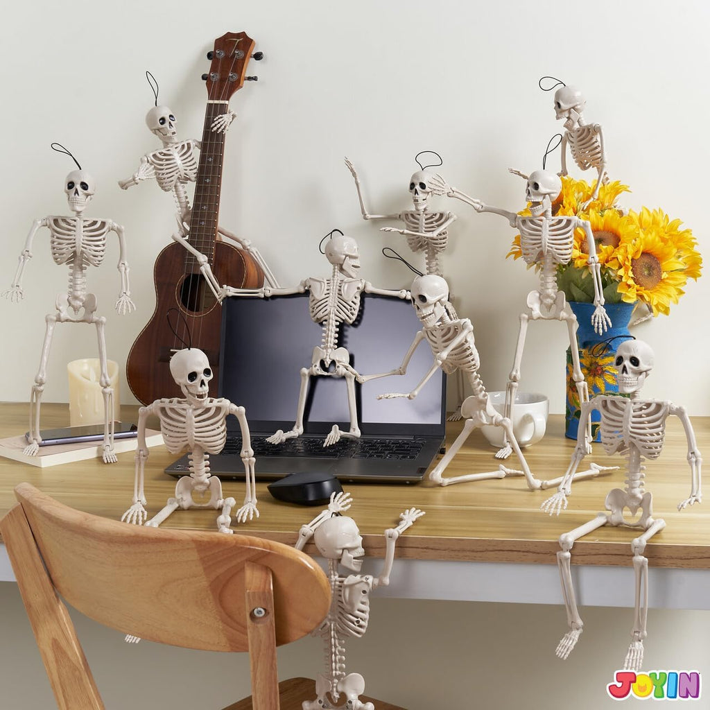 Posable Halloween Skeleton Decor 16 Inches, Full Body Posable Joints Hanging Skeletons for Halloween - Set of 5