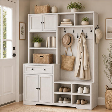 5-in-1 Hall Tree with Bench and Shoe Storage, 51" W Entryway Organizer Coat Rack, Rustic White