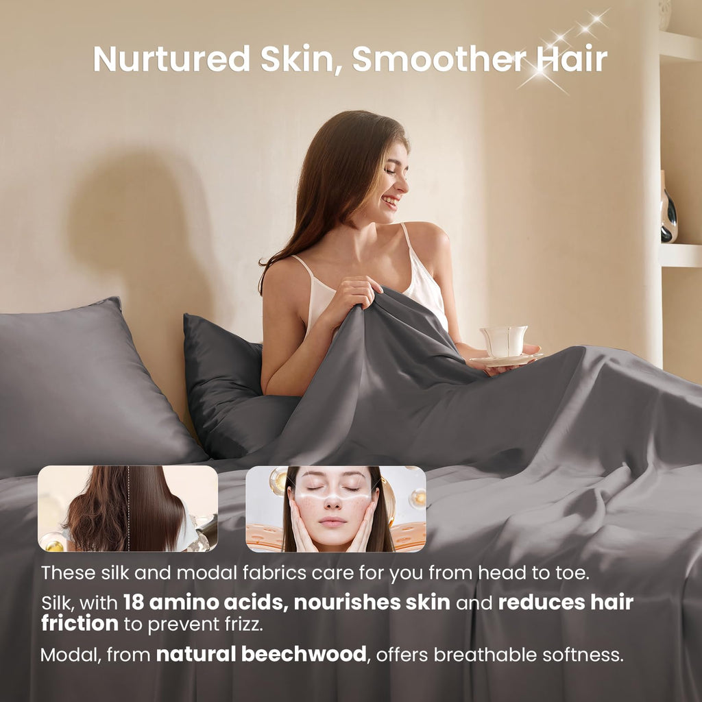 Mulberry Silk Twin Bed Sheets Set 3 Pieces, Charcoal
