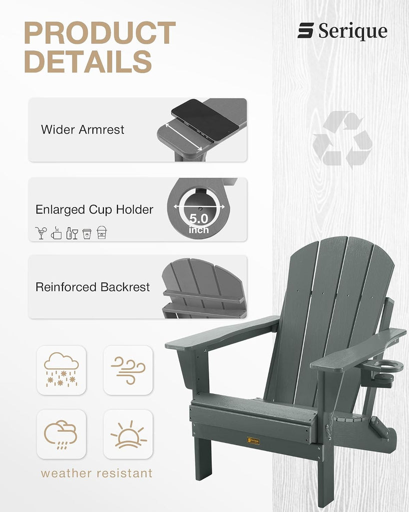 Folding Adirondack Chair, Patio Chair Wood Texture, Outdoor Chair Weather Resistant, Fire Pit Chair with Cup Holder