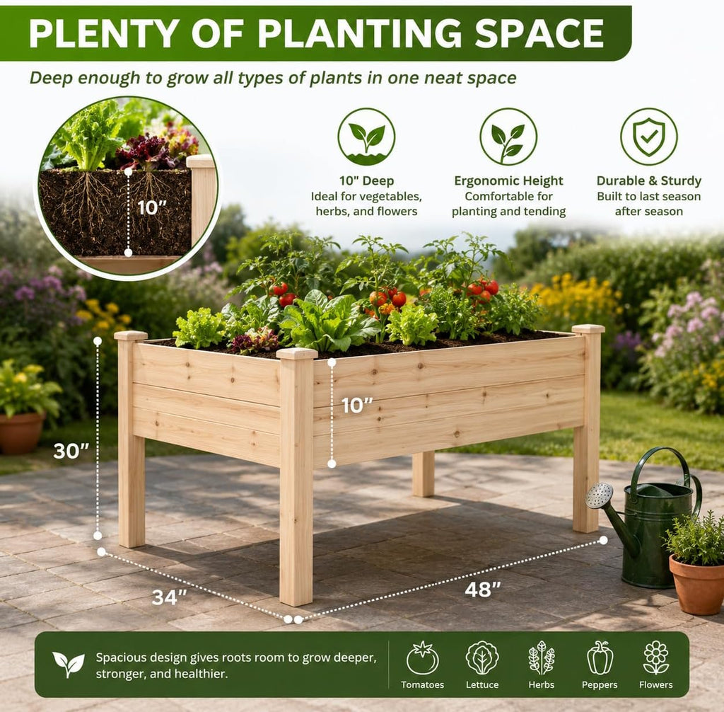 Expressions 48"x34" Raised Garden Bed - Elevated Wood Planter Box for Healthy Plant Growth, 440 lb Capacity - Natural
