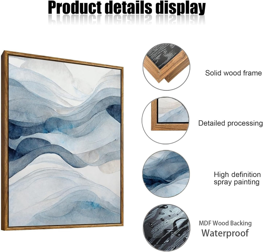 3 Piece Large Abstract Framed Wall Art , Smoke Texture Ink Navy Blue Canvas Wall Art Modern Minimalist Art Prints