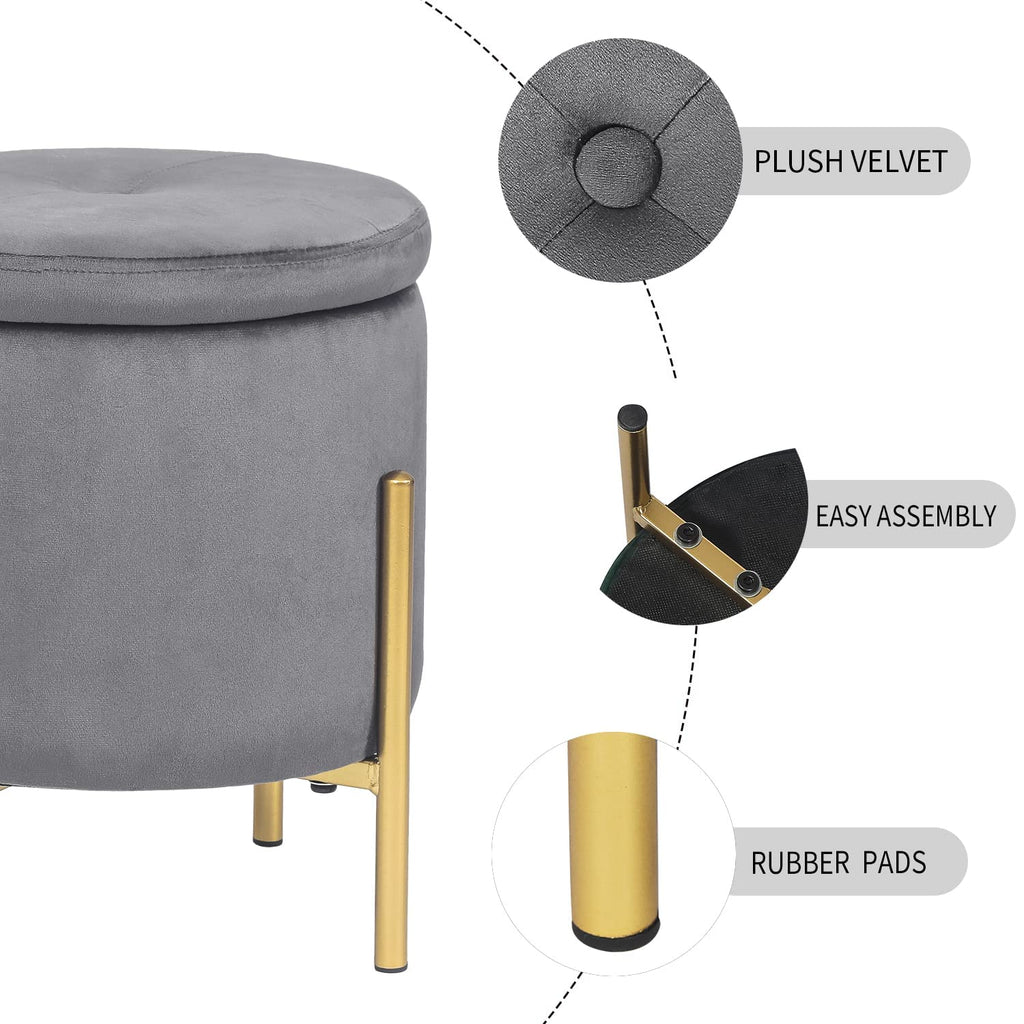 Upholstered Tufted Round Storage Ottomans, Grey Modern Velvet Footrest Ottomans with Storage for Couch