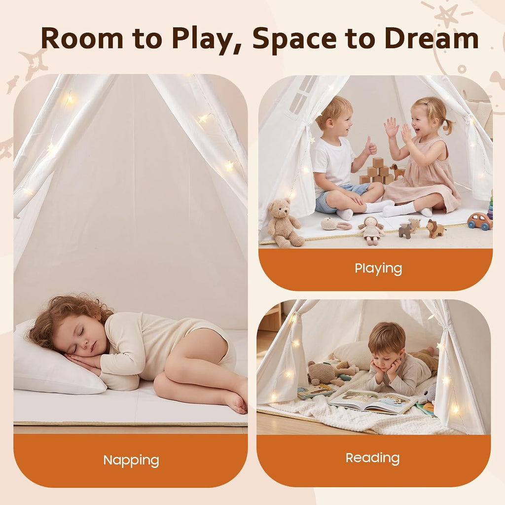 Kids Teepee Play Tent Cotton Linen with Lights for Indoor Outdoor