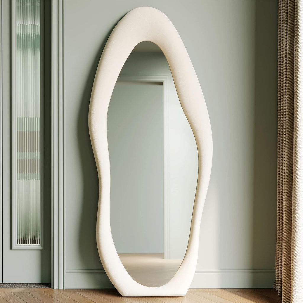 Full Length Mirror, 63" x 24" Wall Mirror, Flannel Wrapped Wooden Frame Full Body Mirror, Irregular Wavy Mirror
