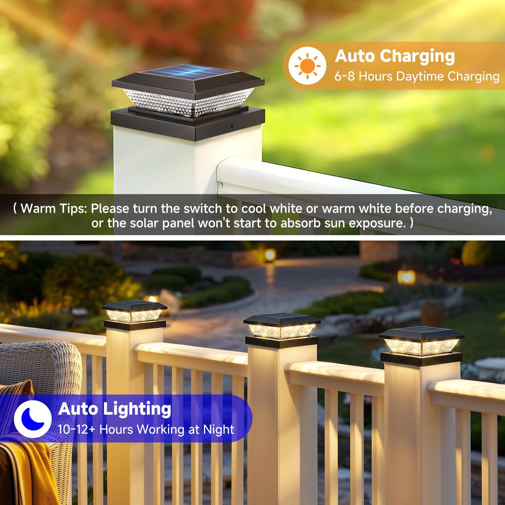 4x4 Solar Post Cap Lights Outdoor 16 Pack, Waterproof Solar Fence Light for Wooden/Vinyl Post, 2 Color Outside Deck