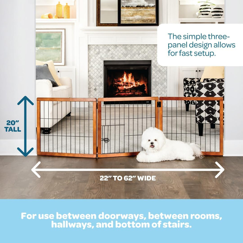 22"-62" Super Wide Dog Gate with Small Pet Door, Premium Wooden 3-Panel Pet Gate for Doorways & Hallways
