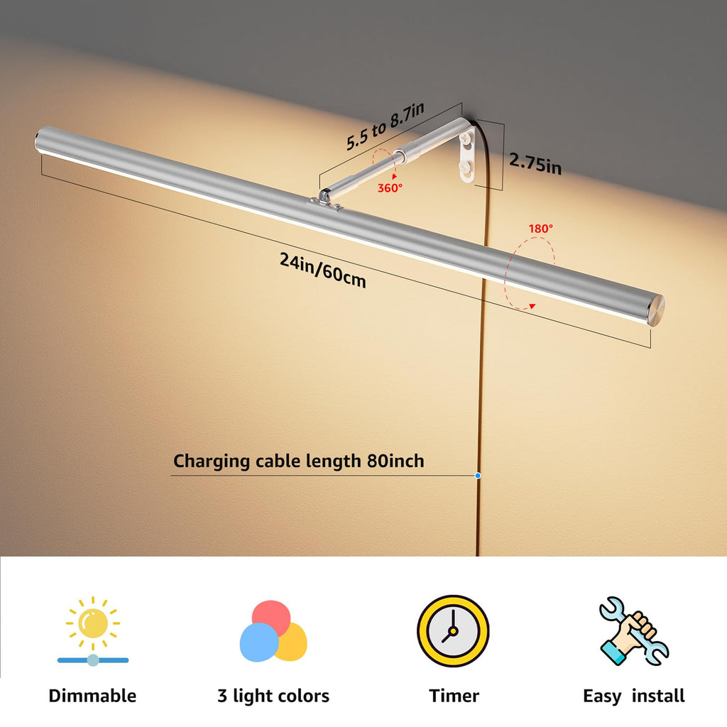 24" Plug in LED Picture Light, 9W Nickel Remote Control Wall Light