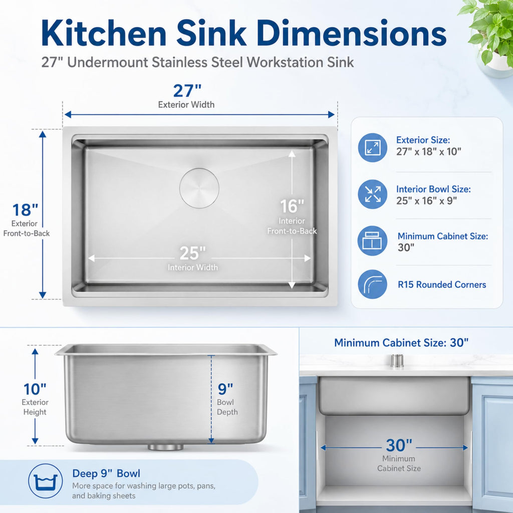 Undermount Kitchen Sink 27 X 18 inch, Single Bowl Workstation Sink