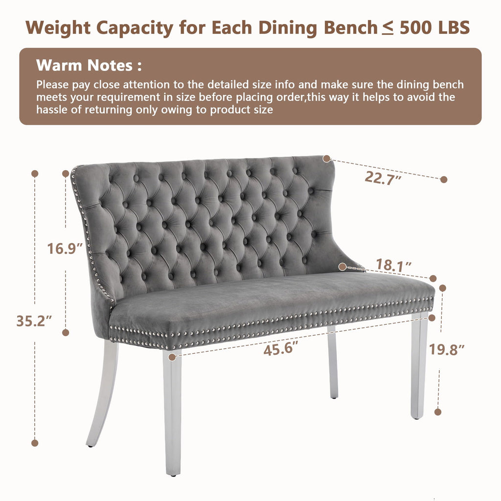 Luxury Settee Dining Bench with Back, Velvet Upholstered Banquette Benches with Nailhead Trim, Button Tufted Small