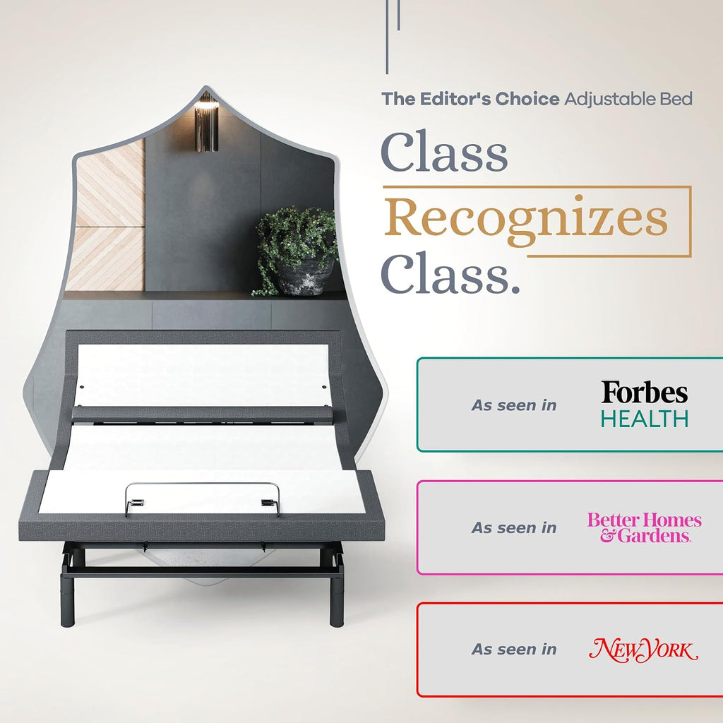 Bliss Adjustable Bed Base Frame Only, Head and Foot Lift, Lumbar Support, Head-Pillow-Tilt, Massage, Under-Bed