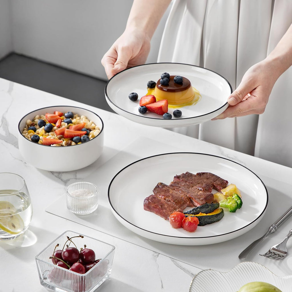 Plates and Bowls Sets, 24 Pieces Modern Porcelain Dinnerware Set for 8 White Kitchen Dinner Dining Ware Set wtih Black