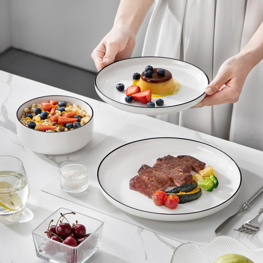 Plates and Bowls Sets, 12 Pieces Modern Porcelain Dinnerware Set for 4 White Kitchen Dinner Dining Ware Set wtih